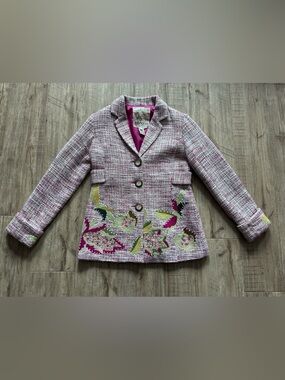 Wool blend Kenzie Pink Tweed Blazer with Floral Embroidery artsy statement